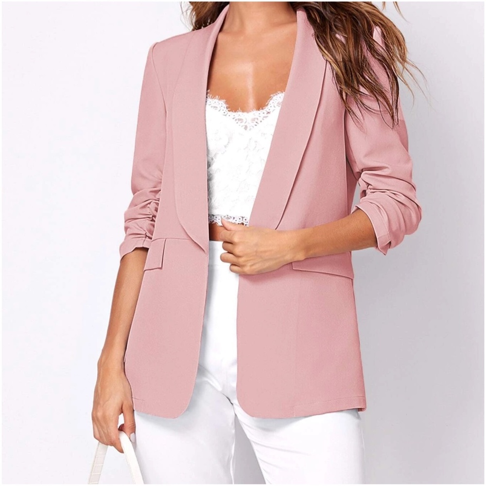Classic Ruched 1/2 Sleeve Open Front Blazer - Picture 10 of 12